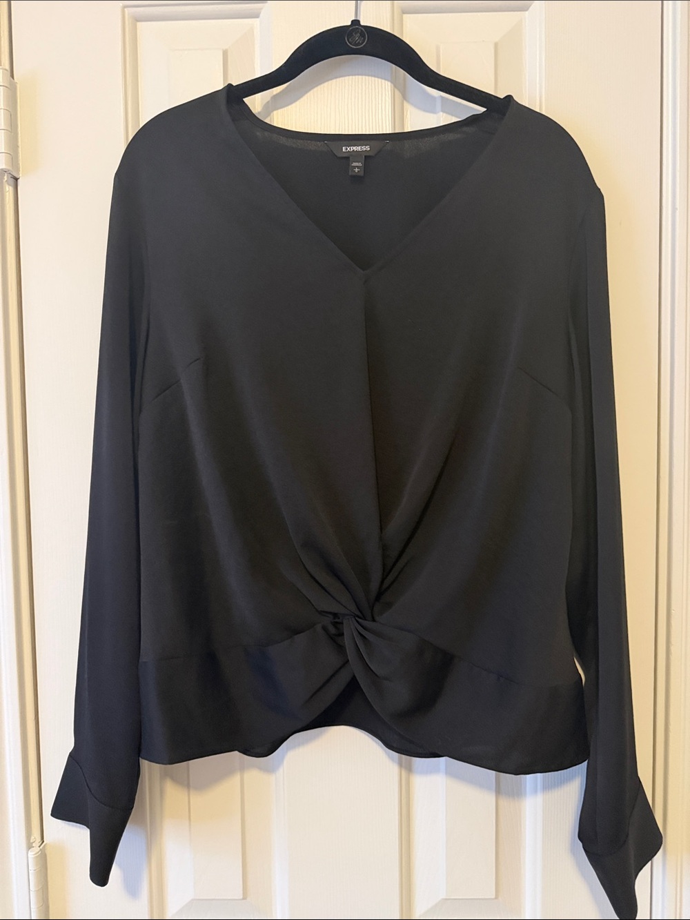 Express Black Twist-Front V-Neck Long-Sleeve Blouse